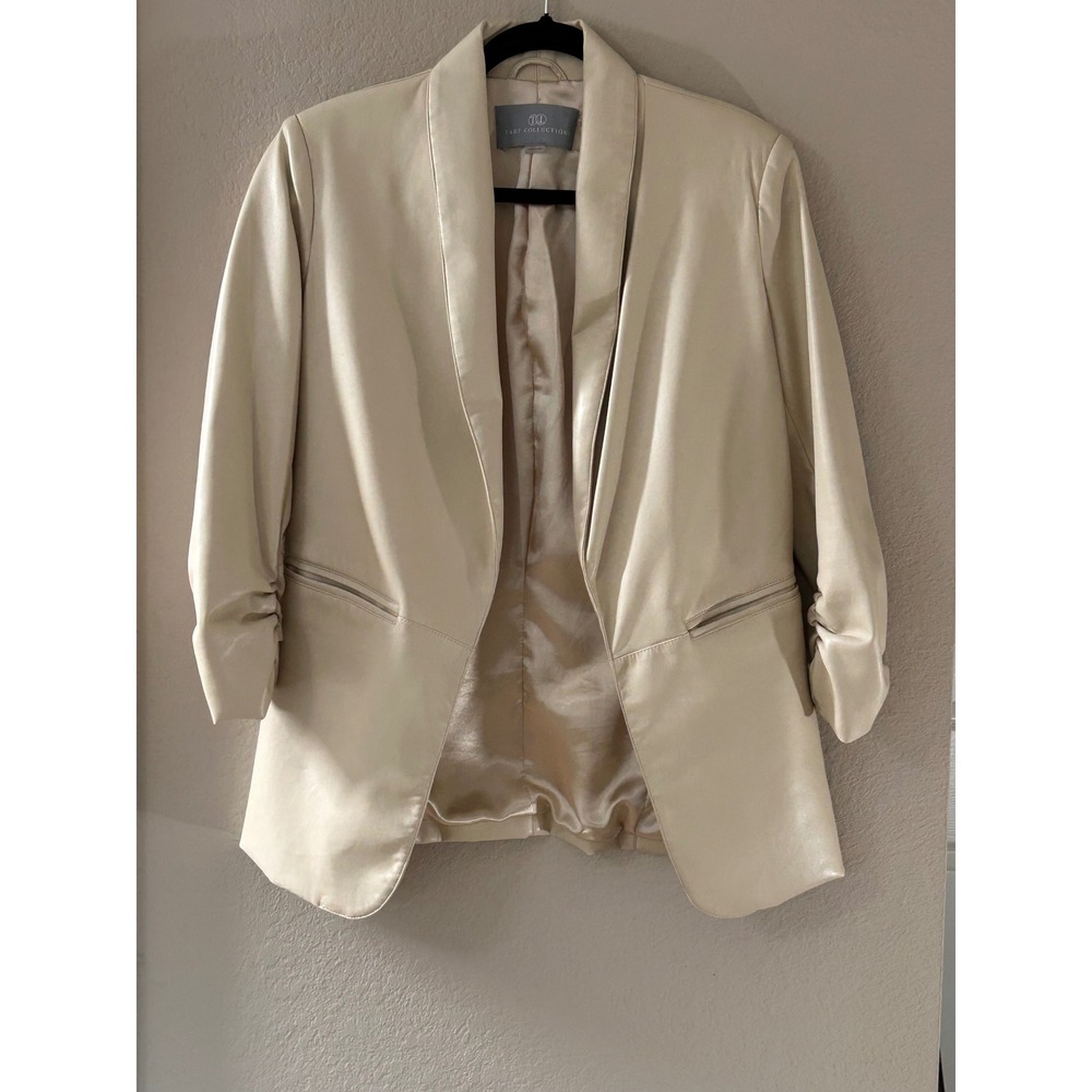 Tart Collections Cream Faux Leather Ruched Sleeve Blazer Jacket T91206N1638 S